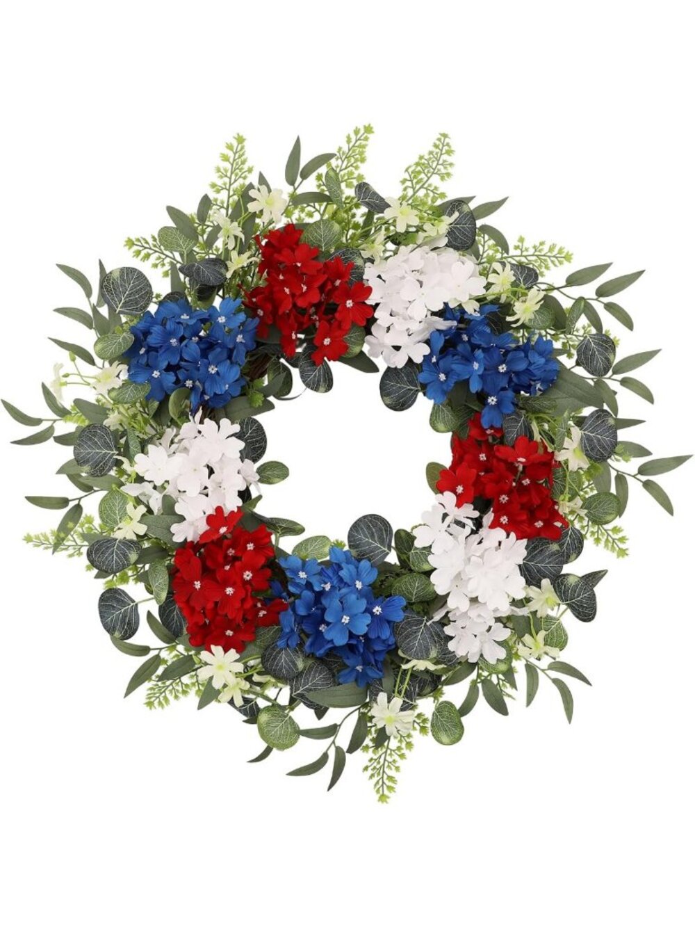 24-Inch Patriotic Wreath with Red, White & Blue Hydrangeas - 4th of July Decor